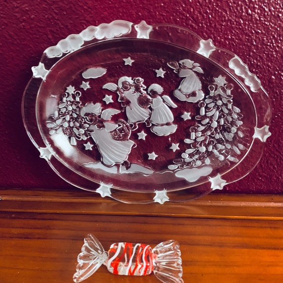 VTG Mikasa Holiday Frosted Oval Dish w Angels & Handblown Glass Candy Ornament - Picture 6 of 6
